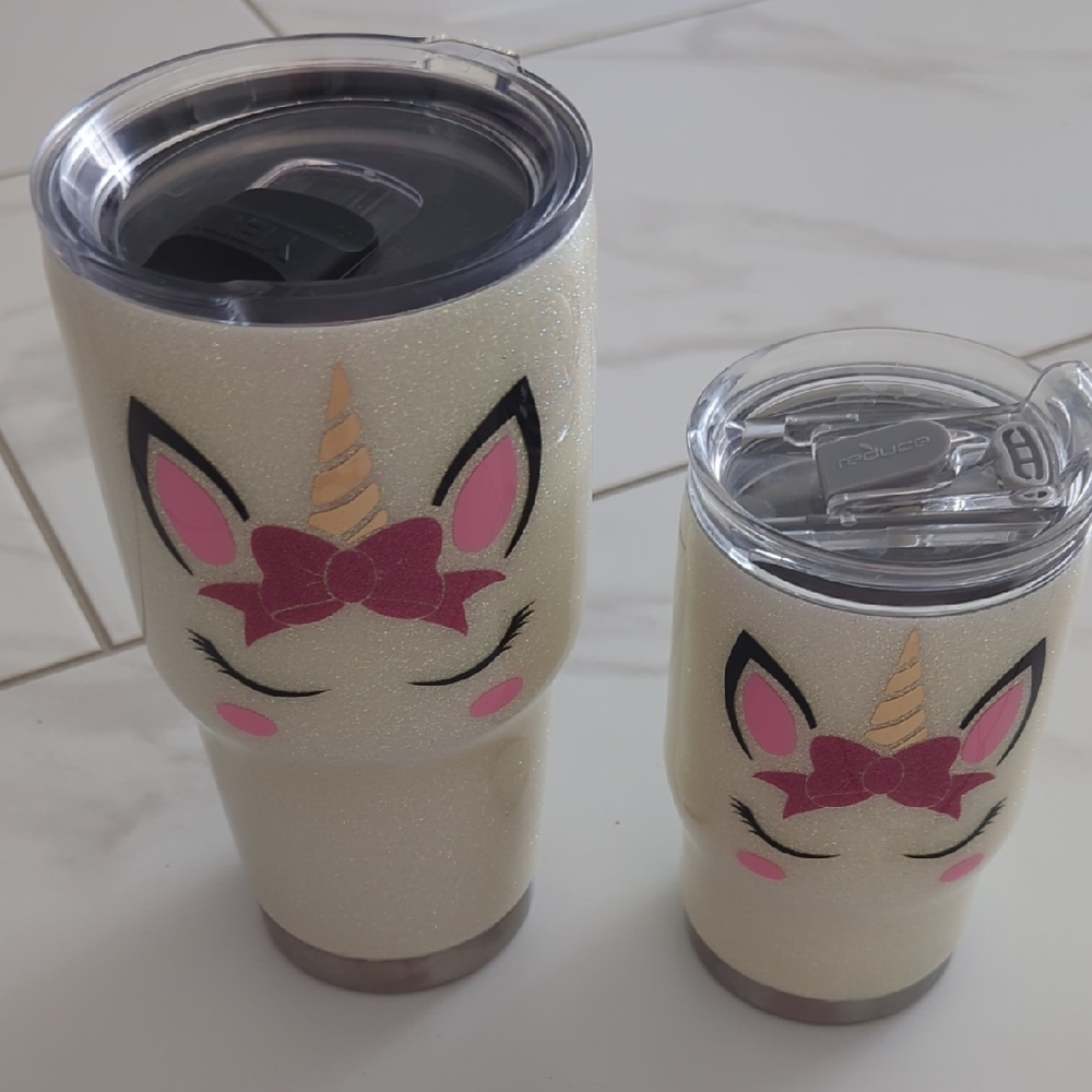 Unicorn Glitter Tumbler Set - Cream and Pink